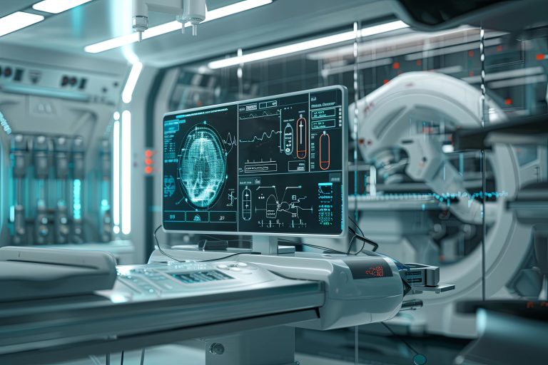 Medical imaging equipment with a brain scan on a diagnostic monitor