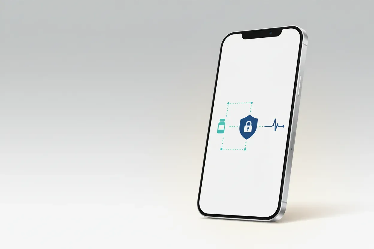 Smartphone with pill, heartbeat, and lock icons on a neutral background, symbolizing secure digital health for substance use treatment.