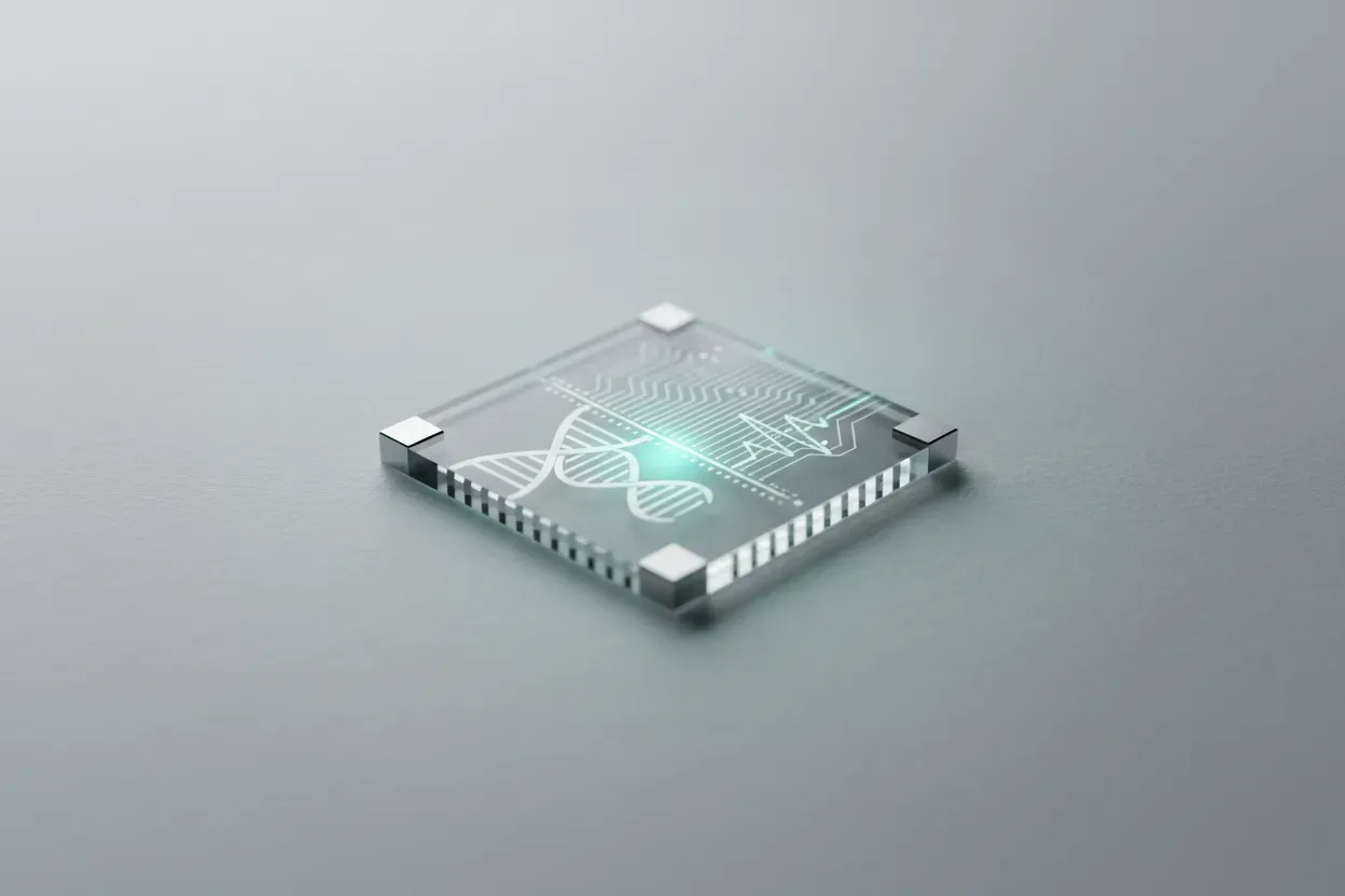 Transparent lab-on-a-chip where a DNA helix transitions into circuit traces on a soft gray background.