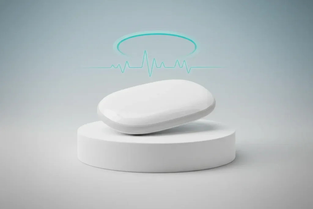 Wireless biosensor patch on a pedestal with a soft glowing data ring, on a neutral background.