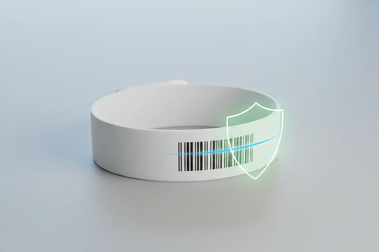 White hospital ID wristband with barcode, blue scanning line, and green shield glow on a soft gray background.