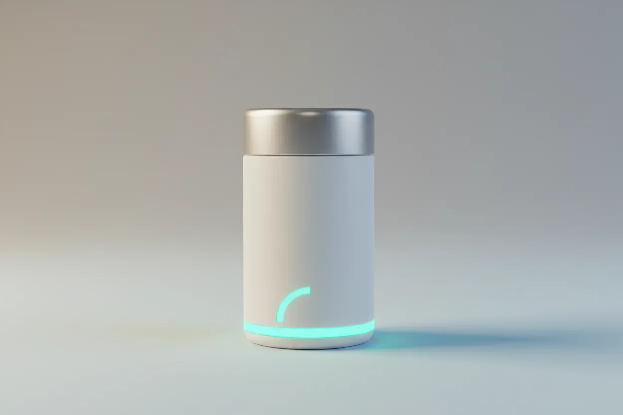 Sleek smart pill bottle with a glowing progress ring on a soft neutral background, symbolizing ambient cues for medication adherence.