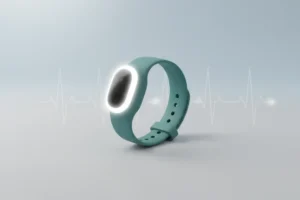 Child-sized AI health monitoring wristband on soft background with a subtle ECG line.