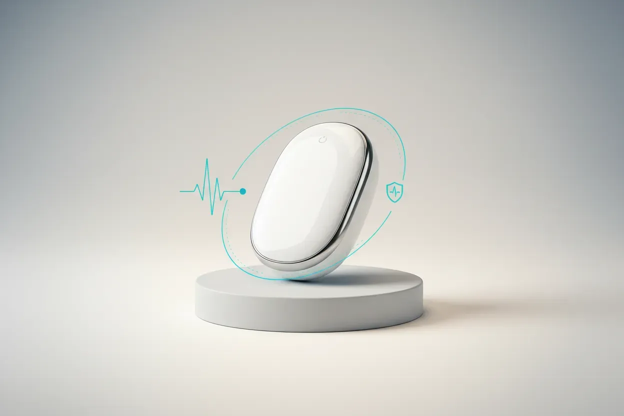 White wearable health sensor with teal heartbeat halo, symbolizing AI-powered preventive care on a soft neutral background.
