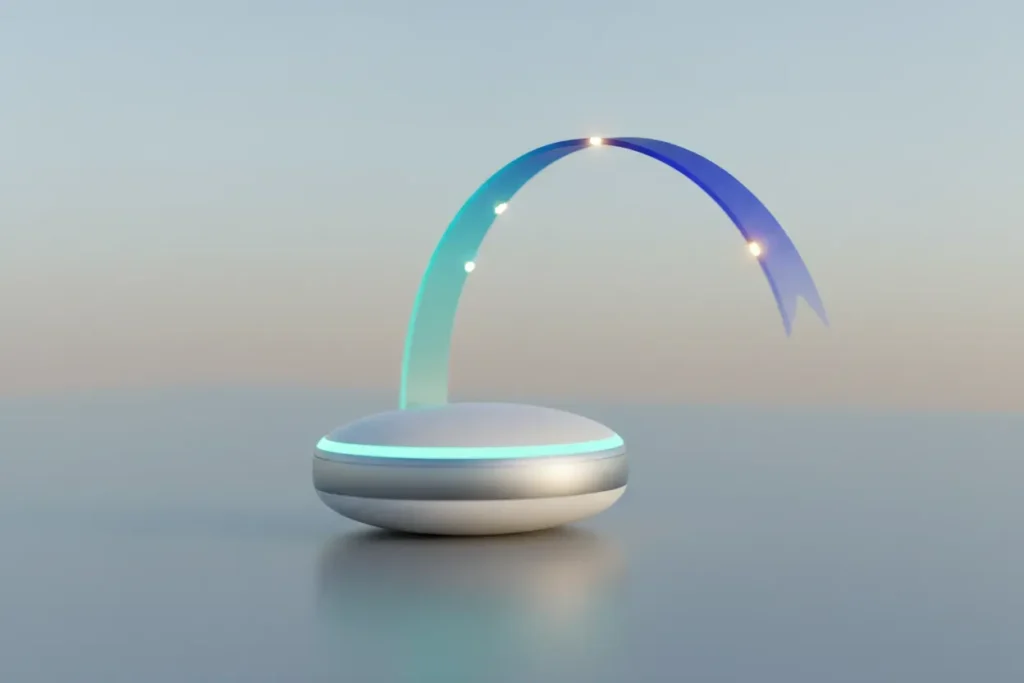 Sleek medical sensor on a soft background with a single floating data ribbon, symbolizing continuous monitoring for complex conditions.