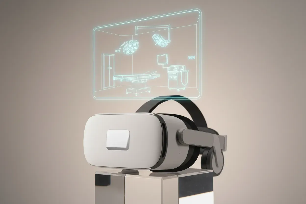 VR headset projecting a translucent 3D operating room layout on a soft, neutral background.