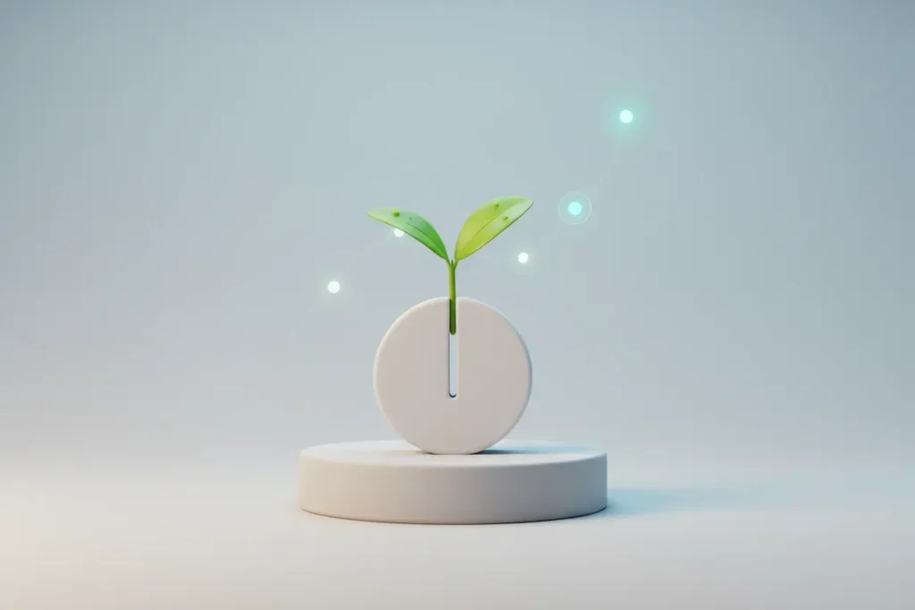 Minimalist biometric sensor with a green sprout and a soft ascending graph, symbolizing mental health progress and growth mindset.