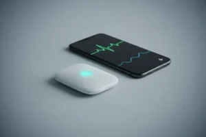 Wireless medical patch beside a phone with text‑free vitals graphs, conveying digital post‑op recovery monitoring.