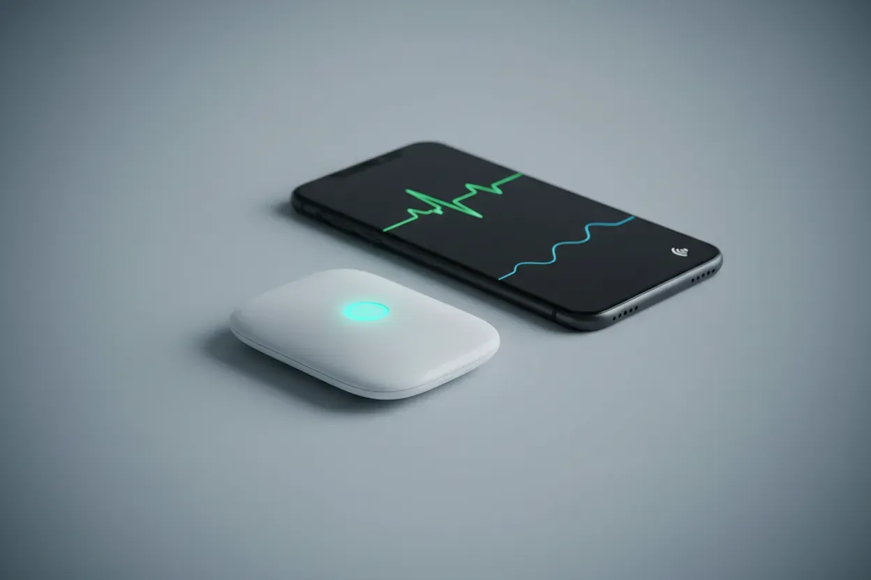 Wireless medical patch beside a phone with text‑free vitals graphs, conveying digital post‑op recovery monitoring.