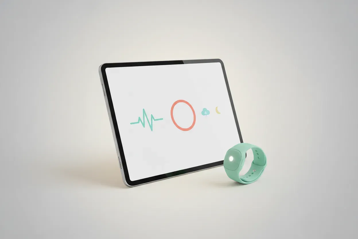 Tablet with textless pediatric health dashboard beside a mint-green wearable sensor on a soft neutral background.
