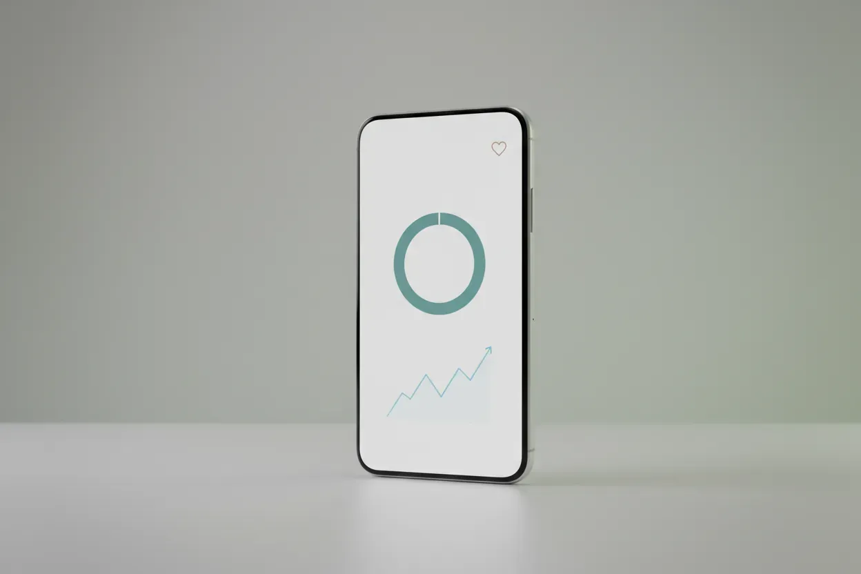 Minimalist smartphone with clean charts on a soft green background, symbolizing calm budgeting for better mental well-being.