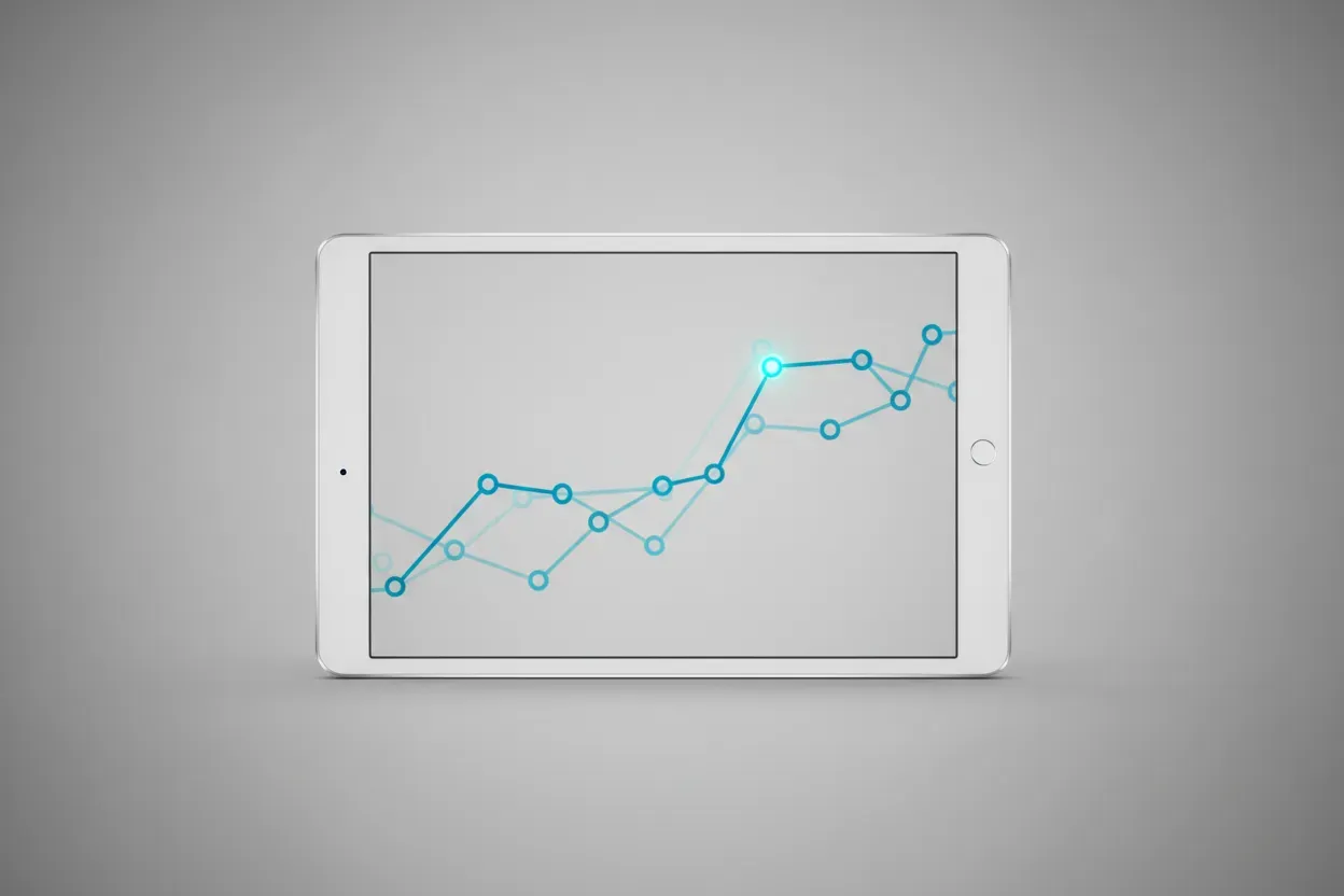 Minimal medical tablet on gray background with a blue line chart and a highlighted node, symbolizing predictive analytics.