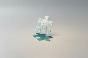 Circuit-etched puzzle piece aligning with matching slot on a soft neutral background, symbolizing digital health integration.