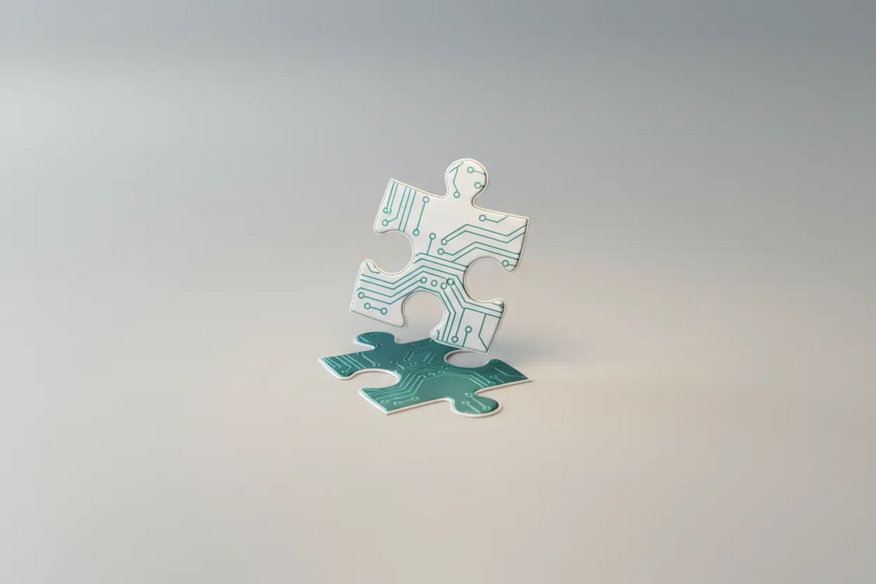 Circuit-etched puzzle piece aligning with matching slot on a soft neutral background, symbolizing digital health integration.