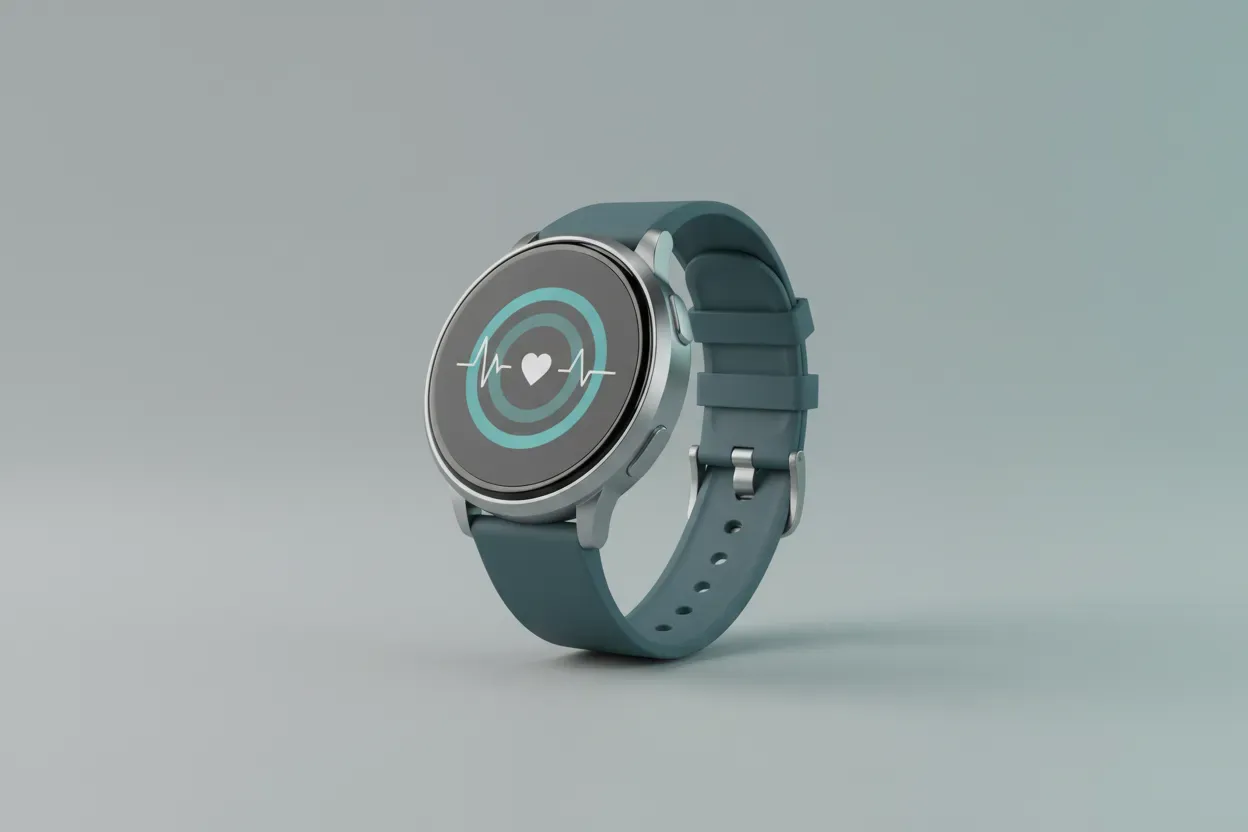 Smartwatch with calming breathing rings and smooth heart-rate line on a soft blue-gray background, symbolizing tech-guided stress relief.