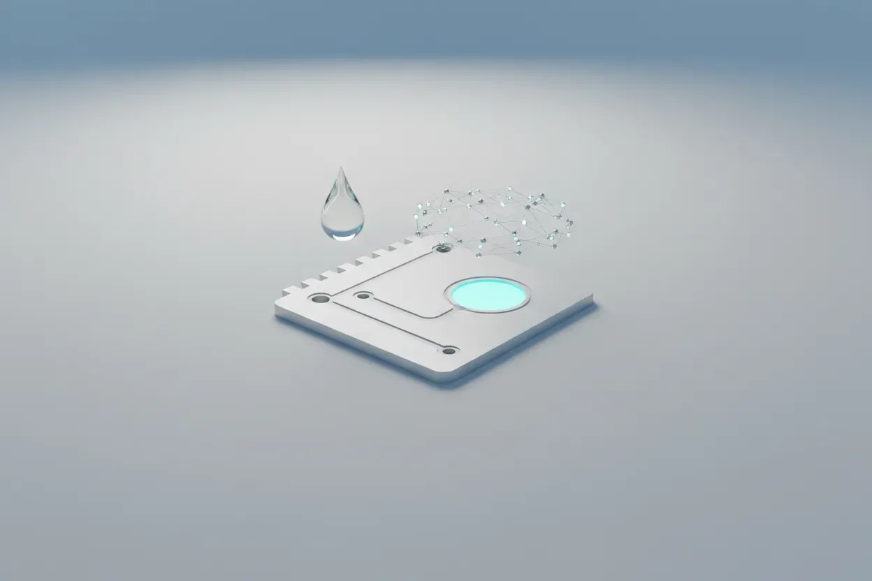 Lab-on-a-chip with a cyan-glowing sensor and a droplet, accented by a subtle AI network halo on a soft gray background.