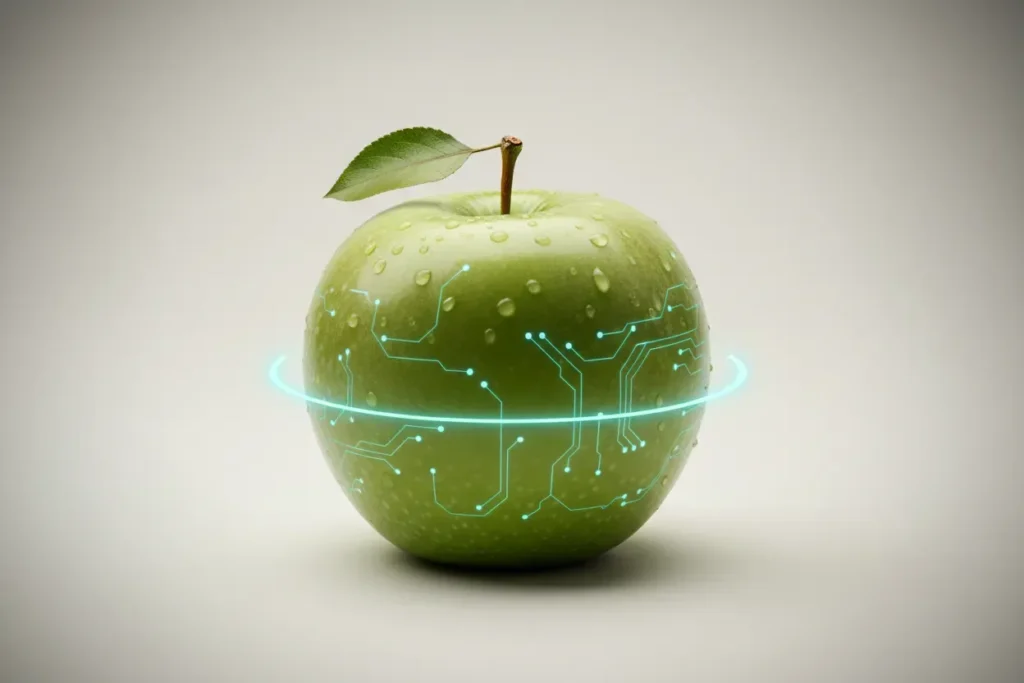 Green apple with subtle glowing circuit lines on its skin against a soft neutral background, symbolizing AI-guided nutrition.