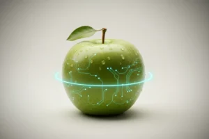 Green apple with subtle glowing circuit lines on its skin against a soft neutral background, symbolizing AI-guided nutrition.