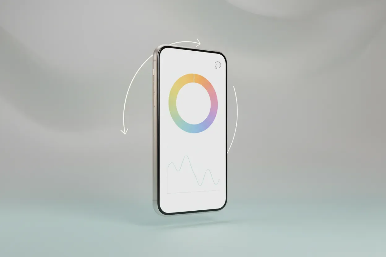 Single smartphone showing text-free pain tracking visuals, encircled by a subtle feedback arrow on a soft neutral background.
