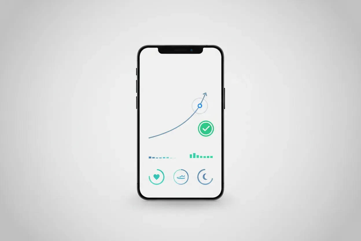Centered smartphone with text-free health dashboard, target zone, and green check, symbolizing personalized digital care.