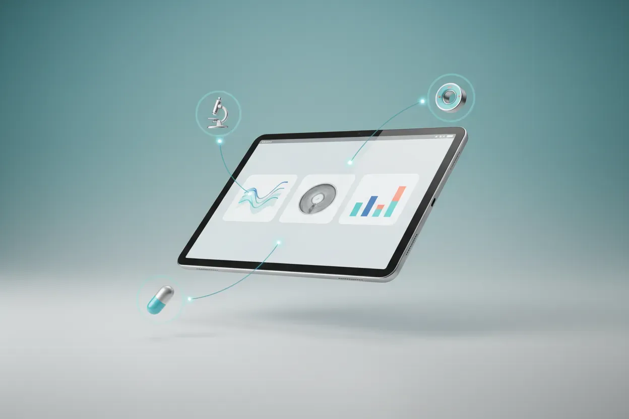 Medical tablet with text-free charts linked to lab, radiology, and pharmacy icons on a soft teal background.