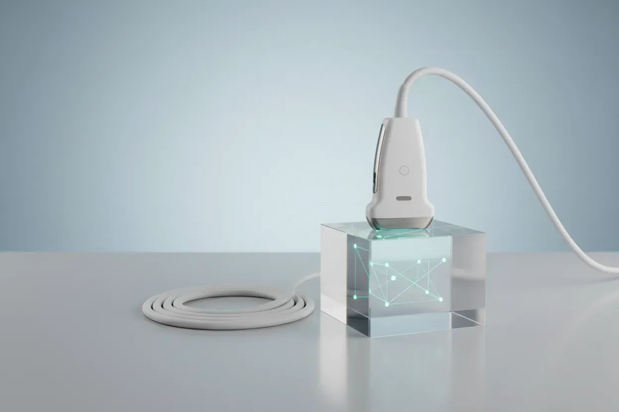 Ultrasound probe on a clear training phantom block with a soft AI glow on a clean blue-gray background.