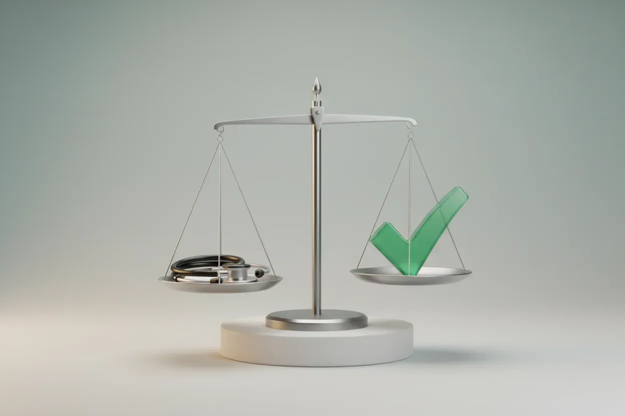 Balance scale with stethoscope on one pan and green checkmark on the other, evenly balanced on a soft neutral background.