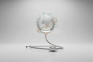 Polished stethoscope morphing into a neural network encircling a globe, symbolizing culturally aware AI in healthcare on a soft background.