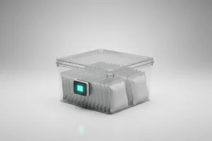 AI-enabled medical supply bin with neatly arranged sterile packs and a blue status light on a soft neutral background.