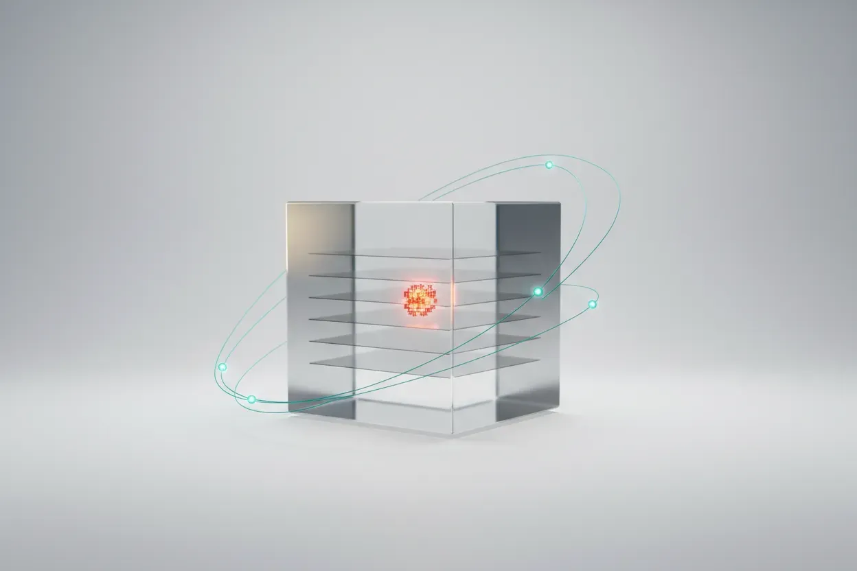 Transparent 3D scan cube with AI network highlighting a heatmap region on a neutral gray background.