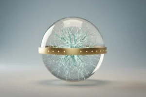 Clear bioreactor sphere holding a glowing neuron-like lattice linked to gold microelectrodes on a soft blue-gray background.