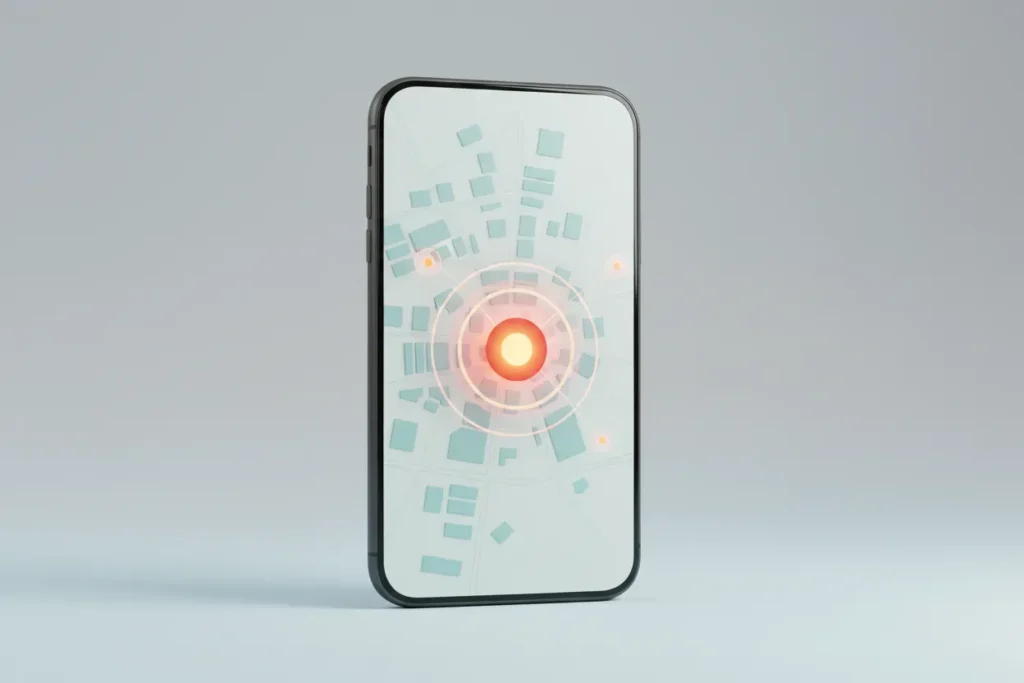 Smartphone on soft background displaying a city map heatmap with a bright central hotspot and subtle concentric alert rings.