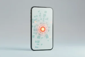 Smartphone on soft background displaying a city map heatmap with a bright central hotspot and subtle concentric alert rings.