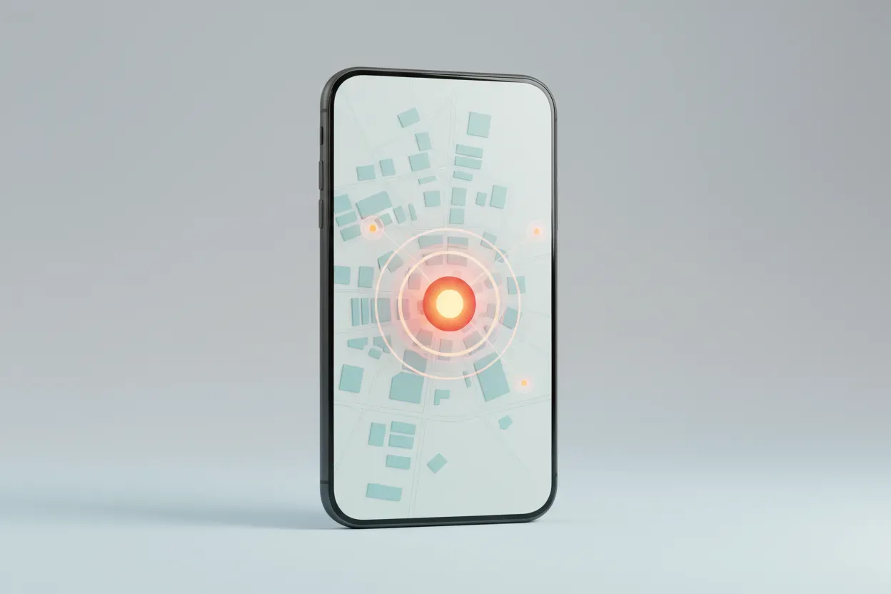 Smartphone on soft background displaying a city map heatmap with a bright central hotspot and subtle concentric alert rings.