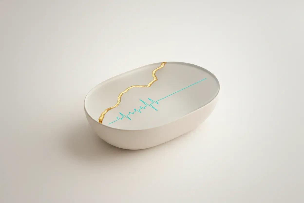 Sleek biometric sensor with a gold kintsugi seam and a calming waveform on a soft neutral background.