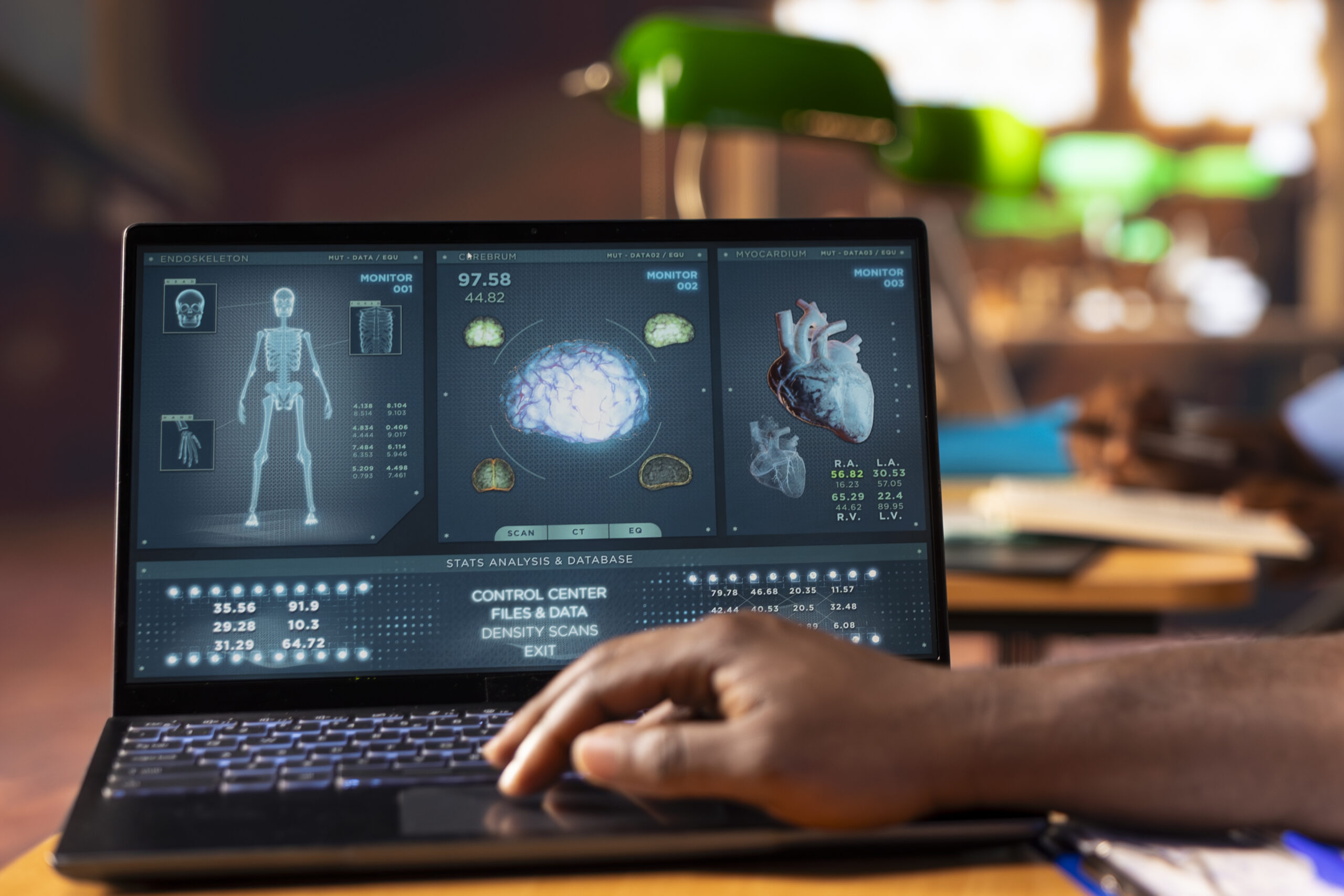 Black med school scholar studying and taking notes using online information