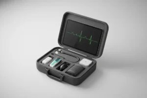 Portable telehealth kit with tablet, digital stethoscope, pulse oximeter, and blood pressure cuff on a neutral background.