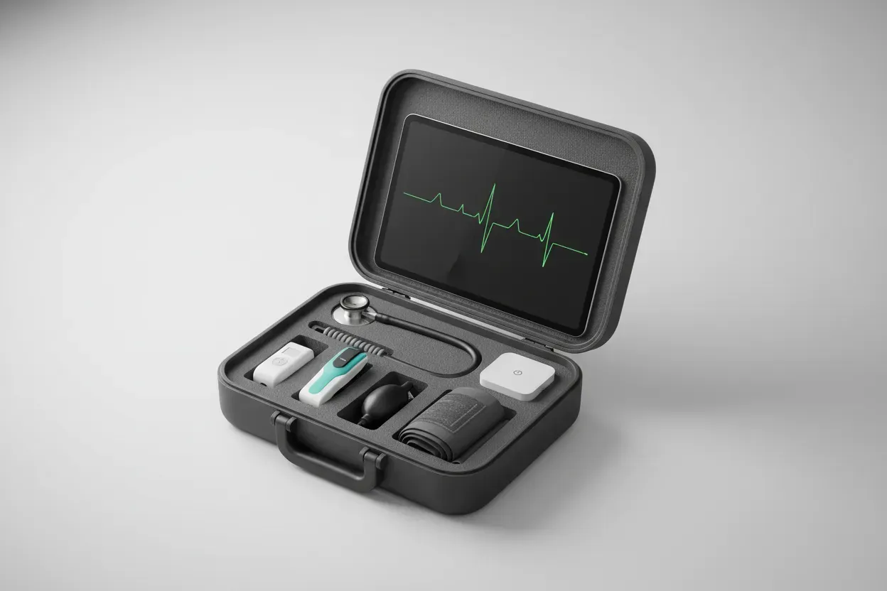 Portable telehealth kit with tablet, digital stethoscope, pulse oximeter, and blood pressure cuff on a neutral background.