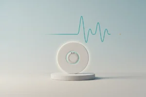 Minimalist AI health patch on neutral background with subtle glowing vitals waveform suggesting predictive patient monitoring.