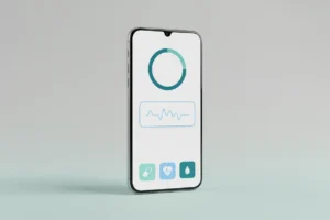 Centered smartphone with icon-only health dashboard—progress ring, graph, pill, heart, droplet—on a soft teal-gray background.