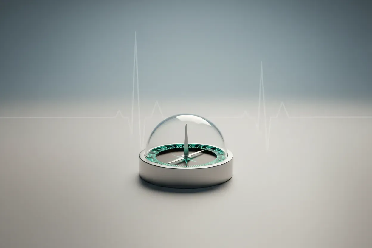 Polished compass with subtle circuit pattern on a calm blue-gray background, representing purpose and mental health tech.
