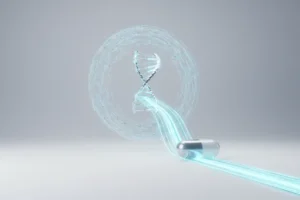 Luminous DNA helix linked to an AI data halo and a highlighted medication capsule, representing genetically tailored treatment.