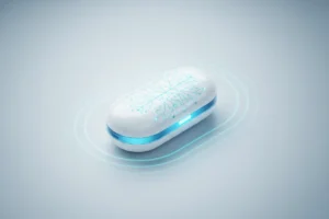 AI medical monitor with glowing neural pathways and gentle waves, symbolizing personalized pain management.