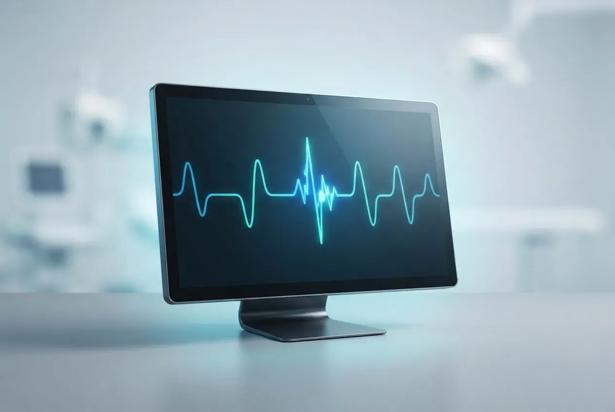 Clinical diagnostic monitor highlighting an irregular digital waveform against a soft neutral background.