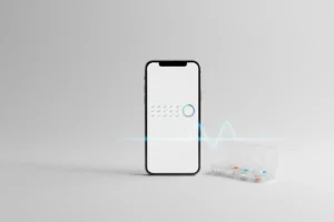 Smartphone with a text-free adherence dashboard beside a pill organizer, connected by a glowing line to suggest digital treatment tracking.