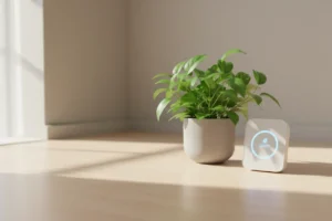 Sunlit, tidy room corner with a green houseplant and small air-quality monitor creating a calm atmosphere.