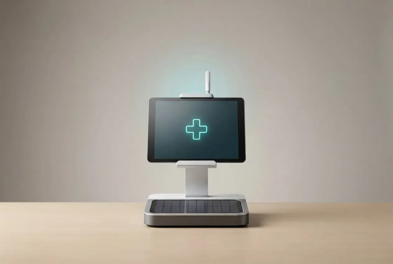 Compact solar-powered telemedicine station with a tablet and wireless signal halo on a neutral background