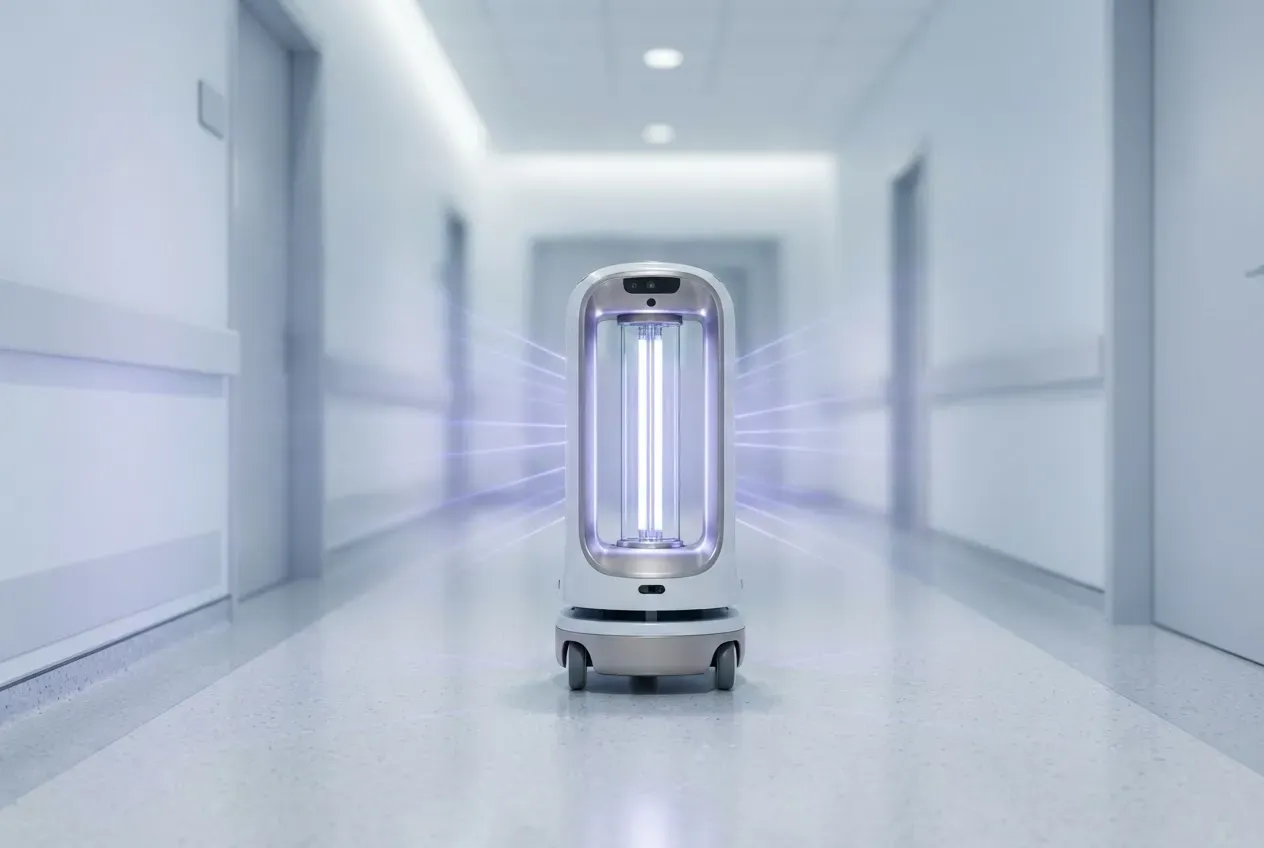 Autonomous UV-C disinfection robot sanitizing a clean hospital corridor