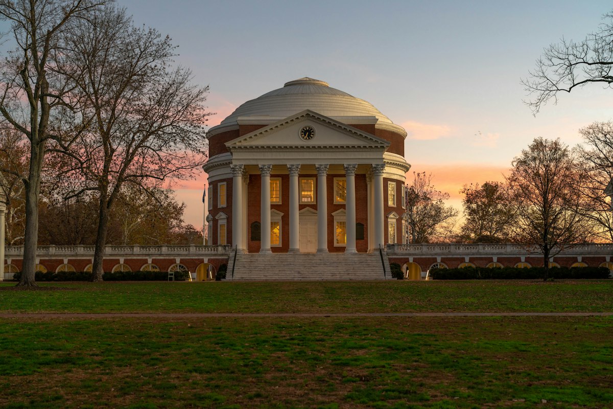 The University of Virginia Rotunda illuminated at dusk